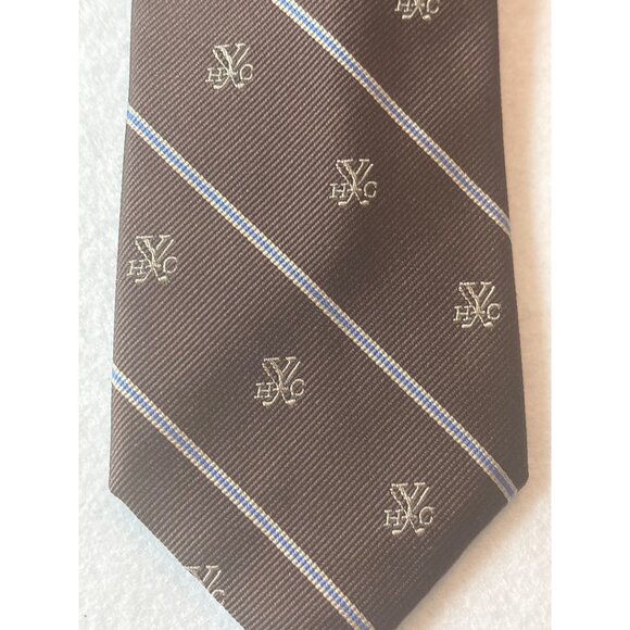 Peter Millar Mens Brown Silk Tie With Blue Stripes & Embroidered Logo - Picture 2 of 6